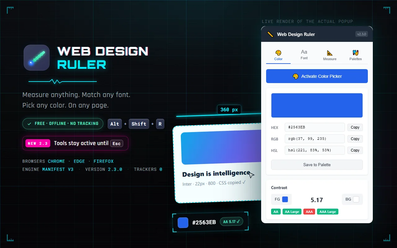 Web Design Ruler 2.3: the popup with the color tab and contrast checker, beside a page card being measured and color-picked
