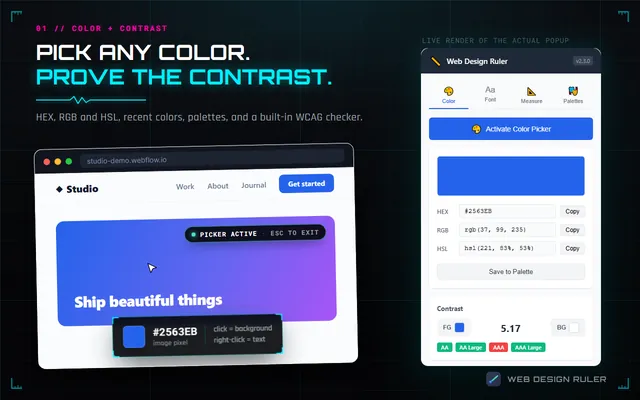 Color picker screenshot: a blue sampled from a page hero, with the popup showing HEX, RGB, HSL and a 5.17 contrast ratio