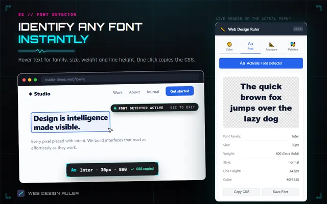 Font detector screenshot: a headline identified as Inter 30px 800, with the popup listing family, size, weight, style, line height and color