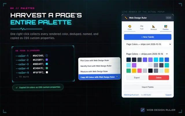 Palettes screenshot: the right-click menu, a clipboard with CSS custom properties, and a harvested 24-color palette in the popup