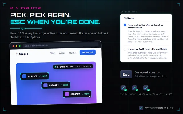 Sticky tools screenshot: three colors picked in a row, the Options page with Keep tools active checked, and the Esc key