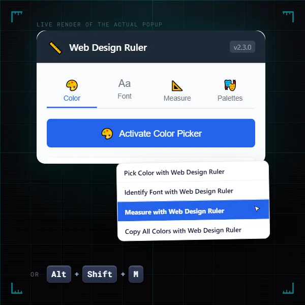 The Web Design Ruler popup with its Activate Color Picker button, the right-click menu entries, and the Alt+Shift+M shortcut