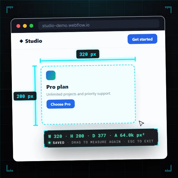 Measurement tool drawn around a page card: 320 by 200 px with diagonal and area, and the panel reading drag to measure again, Esc to exit
