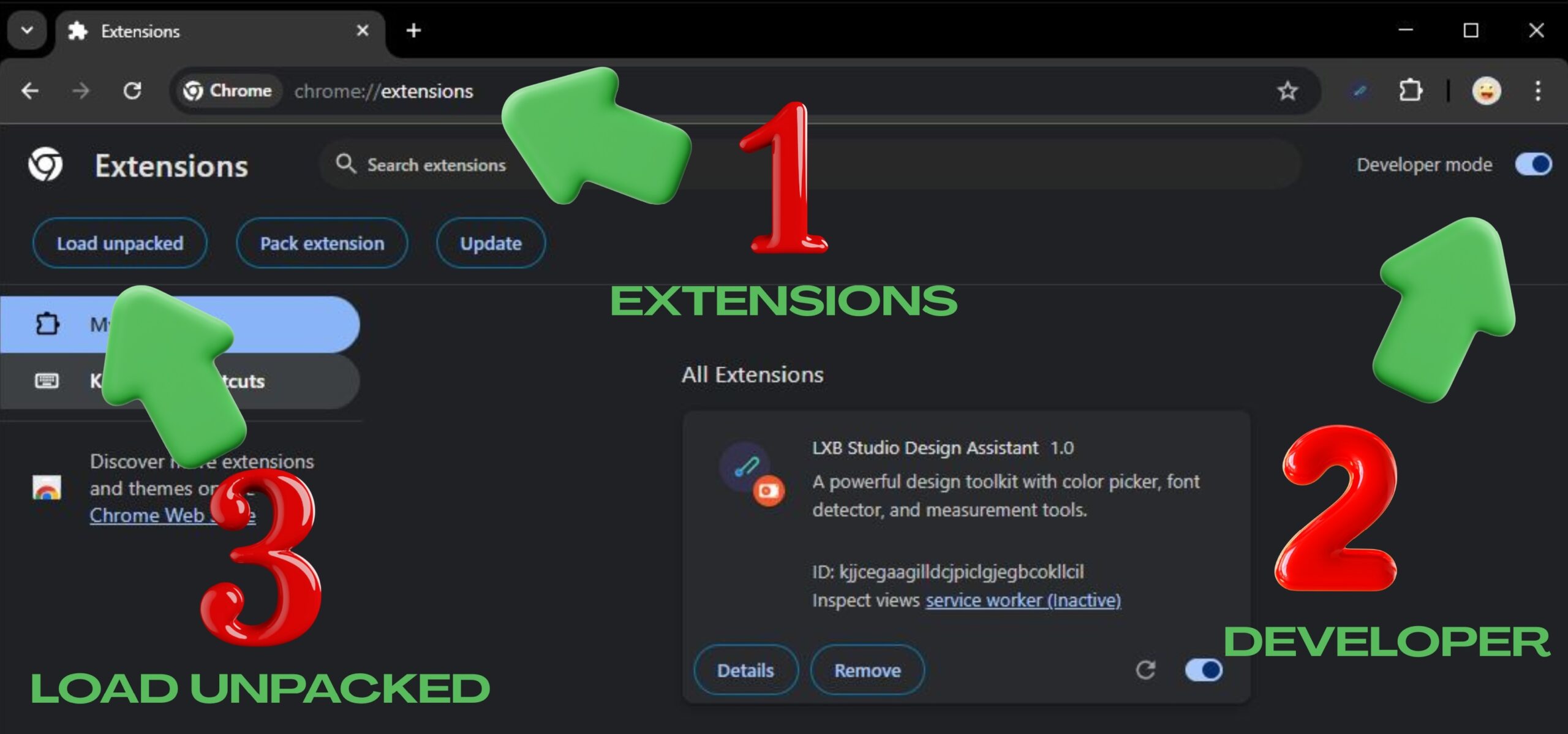 Chrome extensions page showing load unpacked process